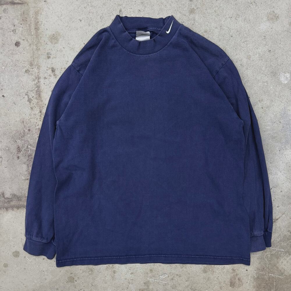 Vintage Y2K Nike Mock Neck Long Sleeve Shirt Navy Blue Embroider Swoosh L Sport - Picture 5 of 6